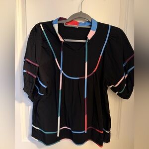 Chic Black Blouse with Colorful Trim